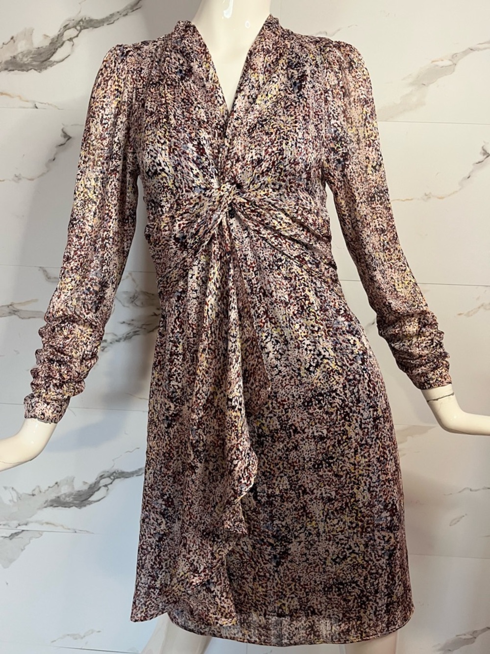 Kookaï Long-Sleeve Twist Front Multicolour Speckle Metallic Mini Dress Size 4